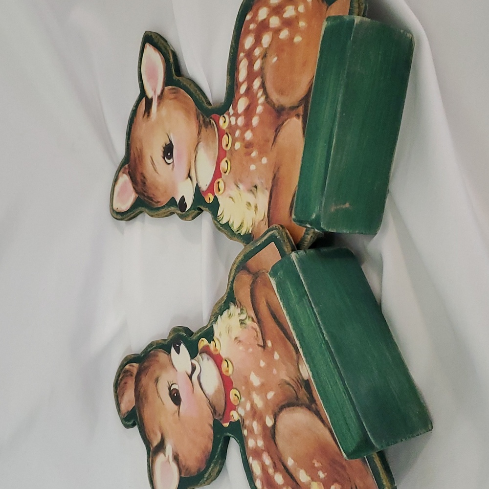 Vintage PostCard Cut-Out Christmas Decor Left/Right Facing Wooden Fawn Charming - Picture 4 of 7